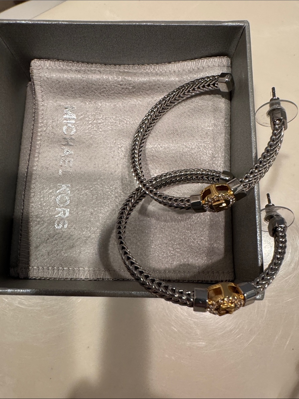 Michael Kors Two-Tone Braided Hoop Earrings in Silver and Gold